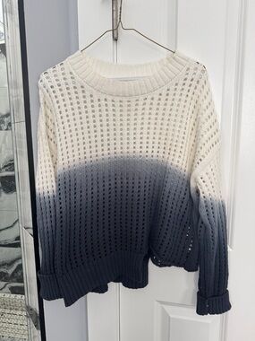 Two-Tone Open-Knit Crewneck Sweater in Cream and Charcoal
